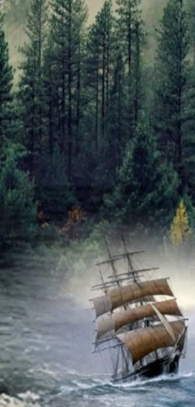 Majestic ship sailing through misty forest landscape.