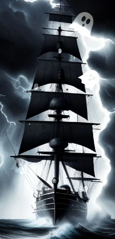 Sailing ship caught in a fierce lightning storm on the dark ocean.