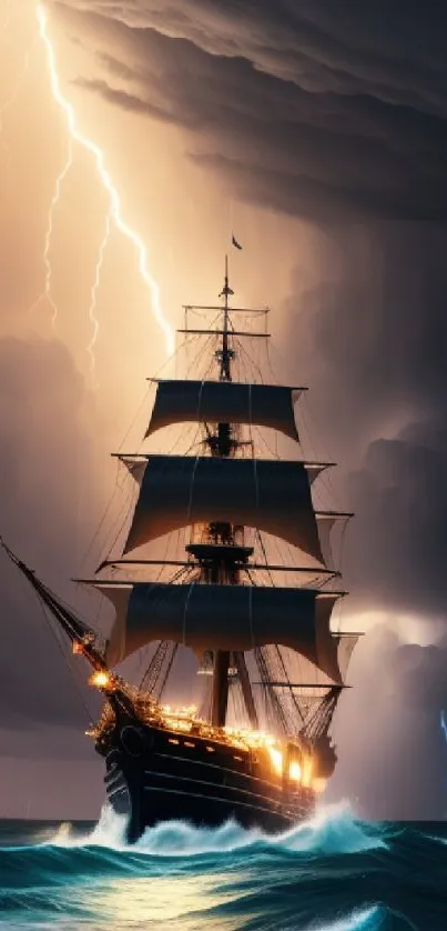 Majestic sailing ship in a stormy sea with lightning and dark clouds.