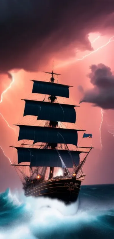 Majestic ship under stormy sky with lightning in mobile wallpaper.