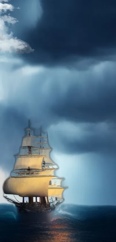 Majestic sailing ship in a stormy sea with dark clouds and vibrant ocean waves.