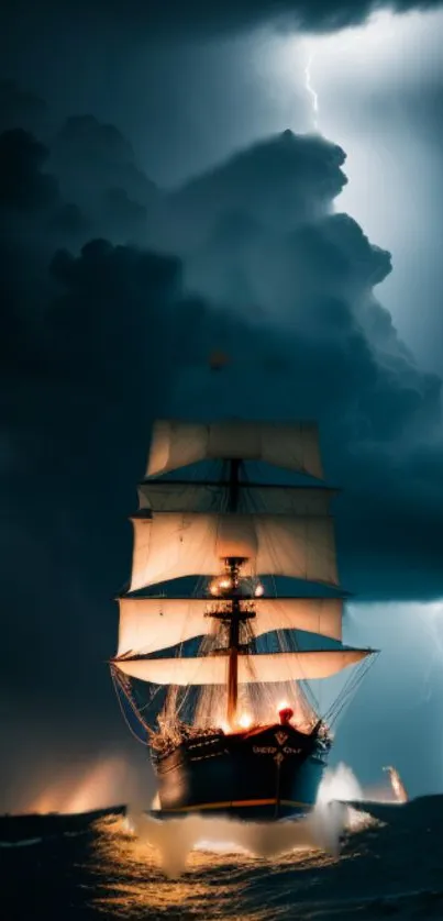 Tall ship sailing through fierce storm with lightning and dark clouds.