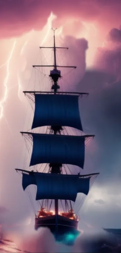 Sailing ship braves a lightning storm at sea, showcasing a dramatic scene.