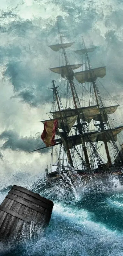 Sailing ship in stormy seas with waves and barrel.