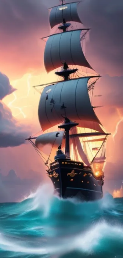 Majestic sailing ship in stormy seas with a vibrant sunset and dramatic clouds.