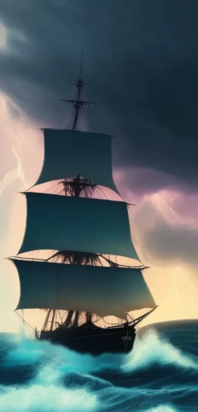 A sailing ship in stormy seas with vibrant waves and dramatic lighting.