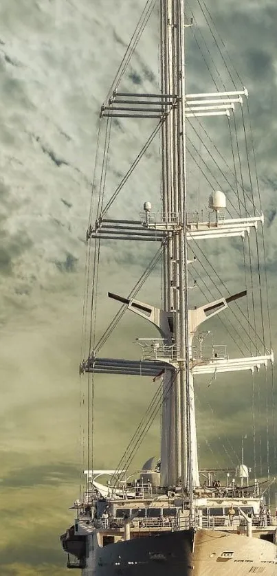 A grand sailing ship under cloudy skies on the open sea.