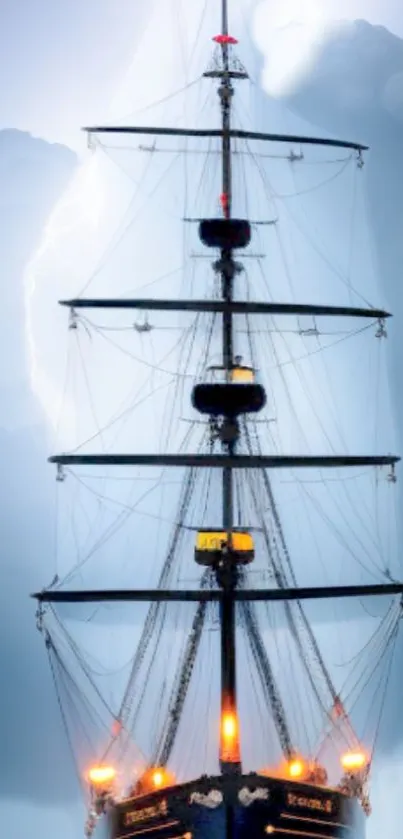 Tall ship with dramatic mast against stormy, cloudy sky with lightning.