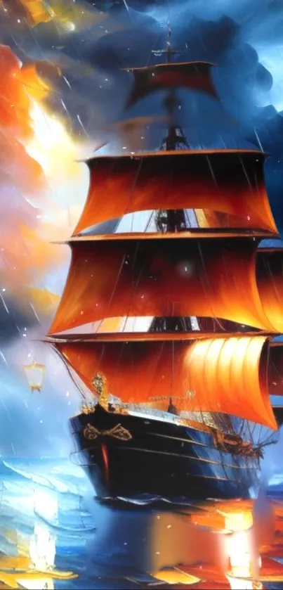 Majestic sailing ship under vibrant sky in dynamic wallpaper.