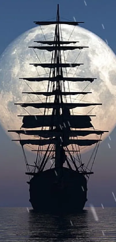 Sailing ship silhouetted against a full moon over the ocean at night.