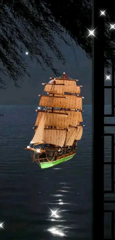 Majestic sailing ship on a moonlit sea.