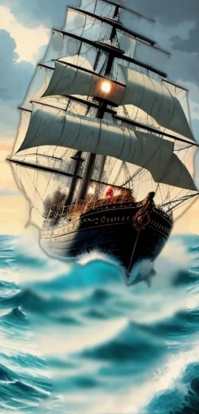 Majestic sailing ship navigating ocean waves at sunset with dramatic skies.