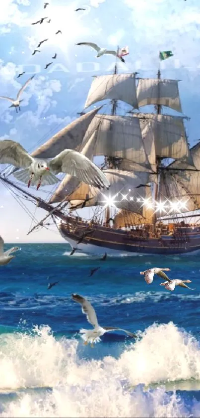 Majestic sailing ship on ocean with seagulls.