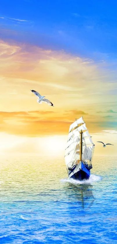 A sailing ship on blue ocean under a sunrise sky with seagulls in flight.