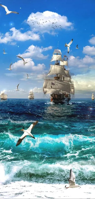 Sailing ship on blue ocean with seagulls in the sky.