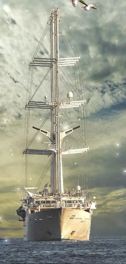 Majestic sailing ship on mystical sea with enchanting sky background.