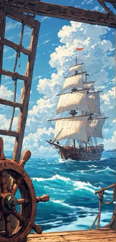 Majestic sailing ship on a blue ocean, viewed through a wooden helm.