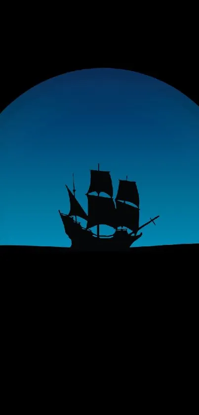 Silhouette of a sailing ship against a vibrant blue background.