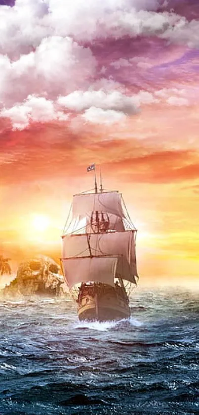 Majestic sailing ship at sunset with vibrant colors on the ocean.