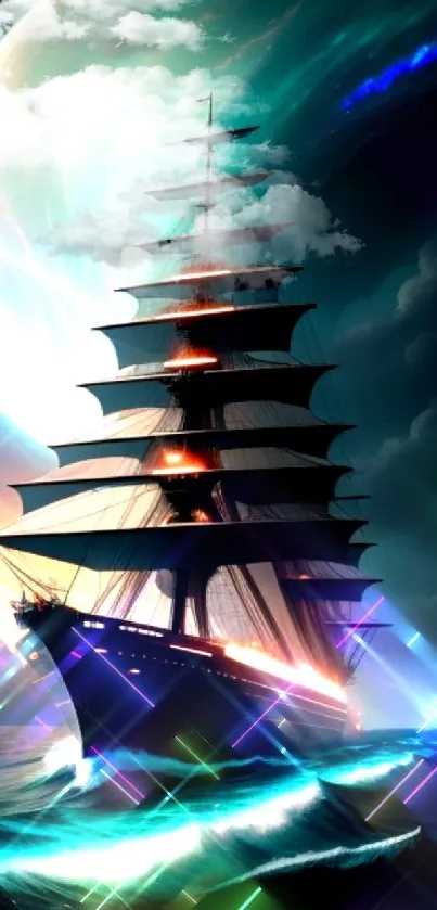 A majestic ship sails under an alien sky with waves and cosmic lights.