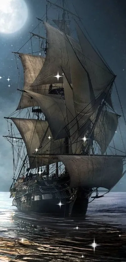 Sailing ship under moonlit sky on tranquil ocean waves.