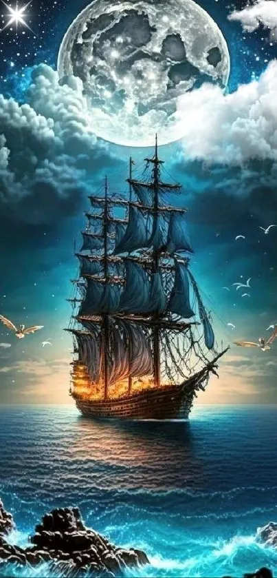 Majestic sailing ship under moonlight with starry night and ocean waves.