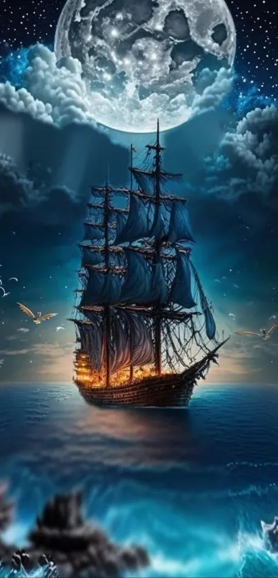 Sailing ship under a bright moonlit sky with clouds and a starry backdrop.
