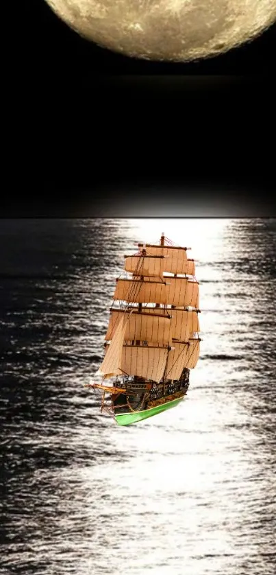 Sailing ship under moonlight on ocean.