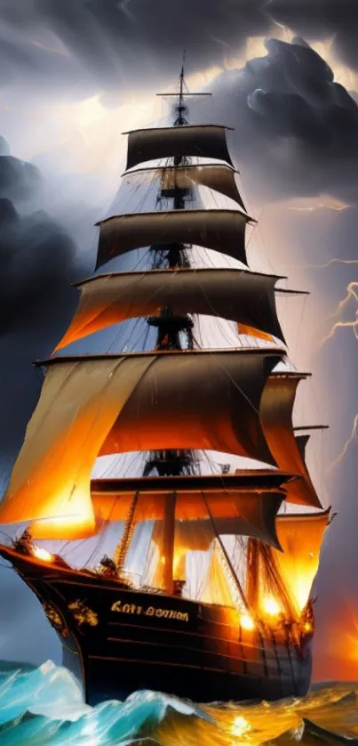 Sailing ship in stormy weather with dramatic lighting and vibrant colors.