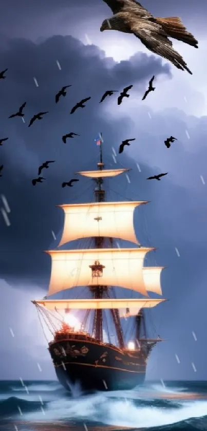 Majestic sailing ship beneath stormy sky with birds in flight.