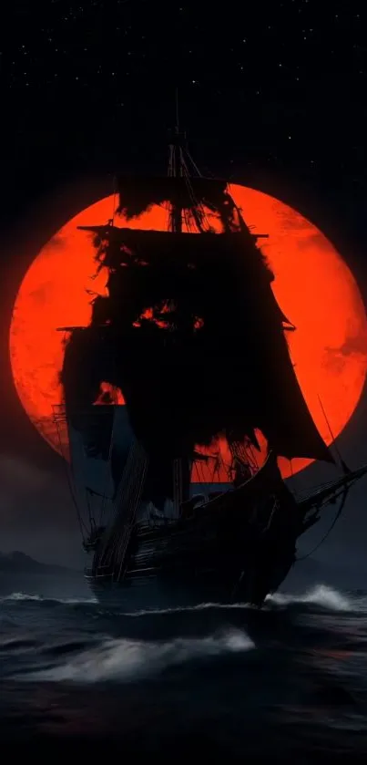A silhouette ship sailing with a red moon backdrop.