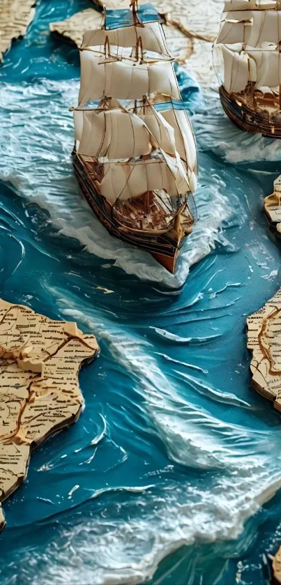 Vintage sailing ships on a 3D ocean map.
