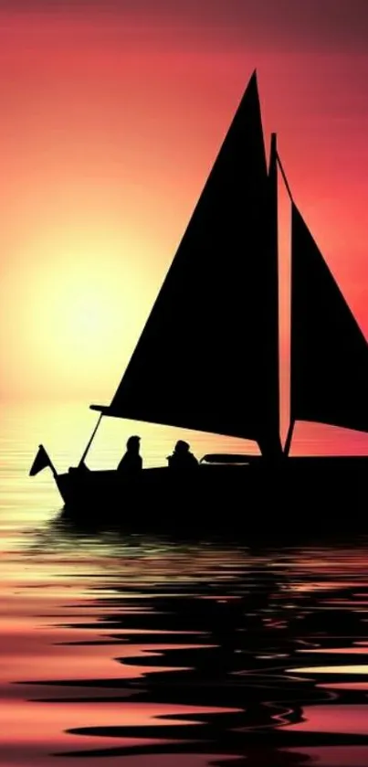 Sailboat silhouette on orange sunset reflecting on calm waters.