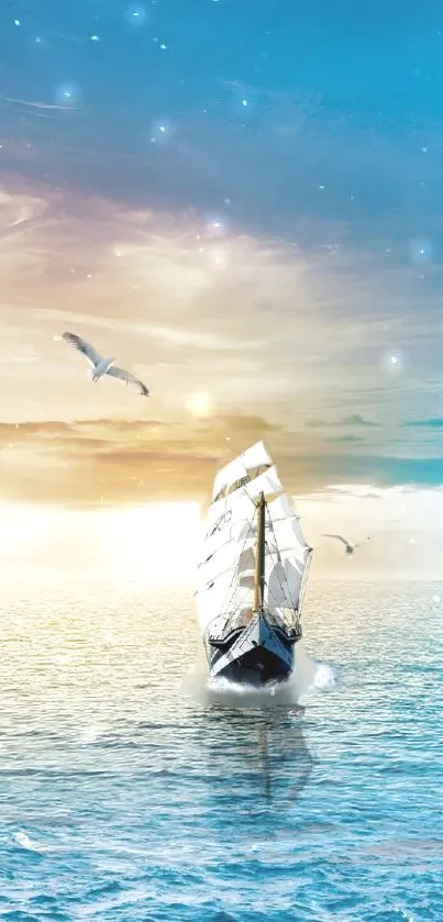 Peaceful sailing ship under vibrant sky with seagulls soaring above.