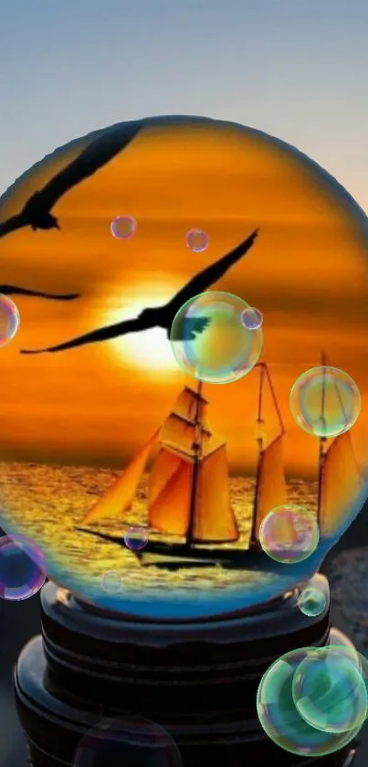 Globe with sunset, ships, and bubbles