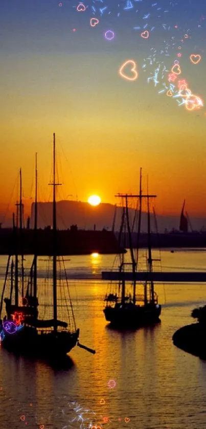 Sunset sailboats on calm waters with vibrant orange and blue hues.