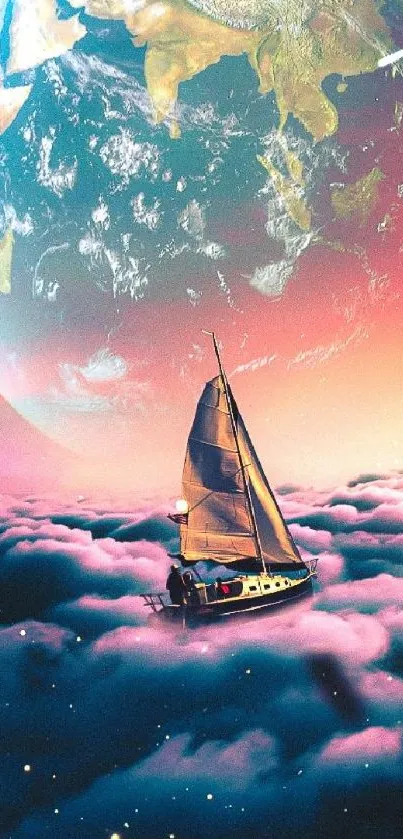 Sailboat floating through vibrant clouds with Earth above.