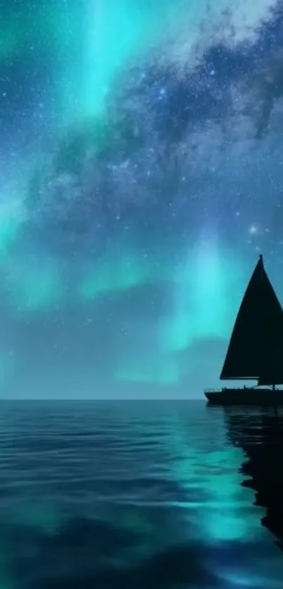 Sailboat under aurora-lit night sky with starry reflections on water.