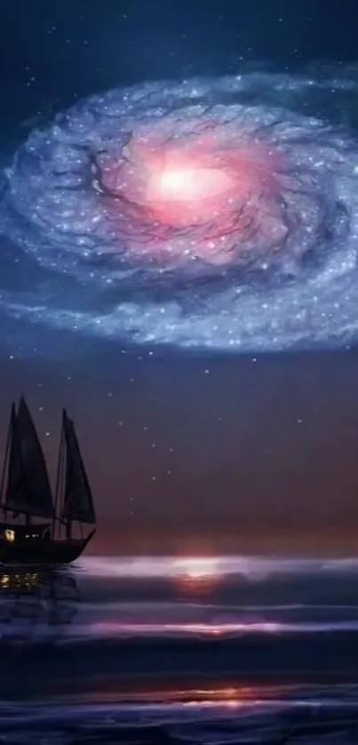 A sailboat under a swirling galaxy at night.