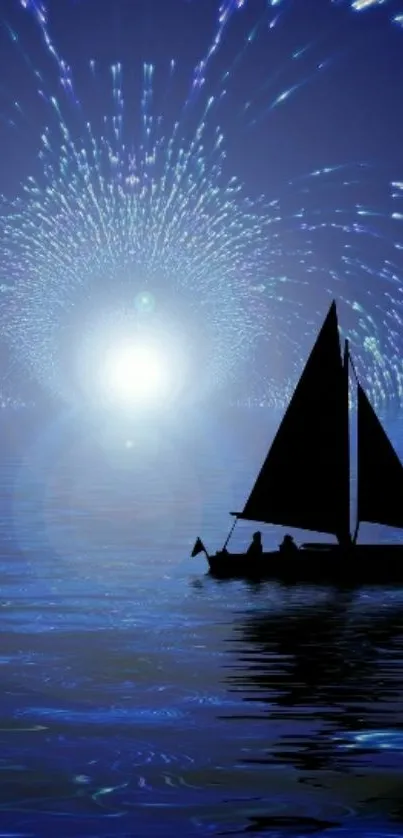 Sailboat on ocean under blue fireworks with starry sky.