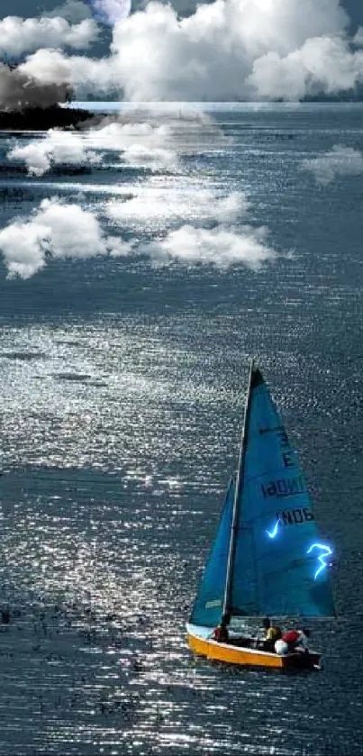 Sailboat gliding under the moonlit sky, reflecting on serene water.