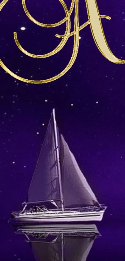 Sailboat under a purple night sky with stars and gold script accent.