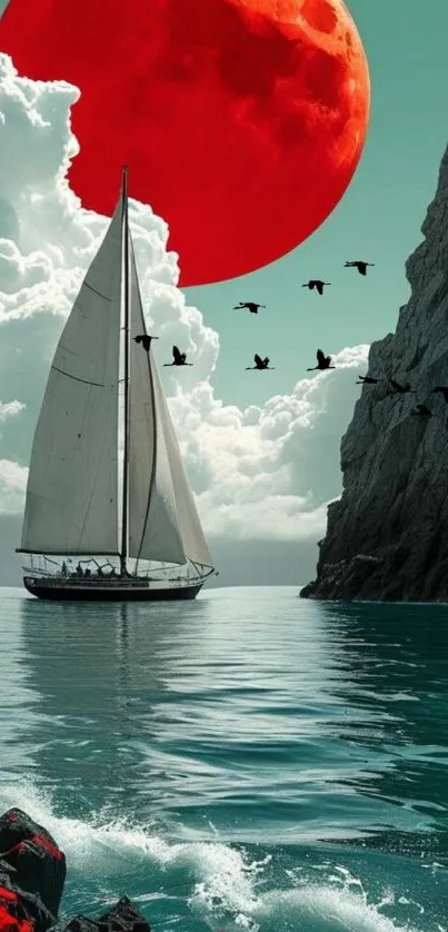 Sailboat under a striking red moon and turquoise water.