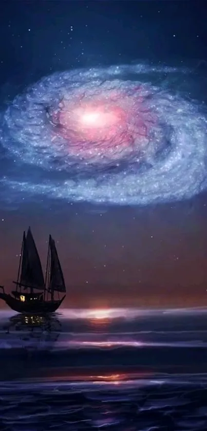 Sailboat beneath a swirling galaxy in a starry night sky.