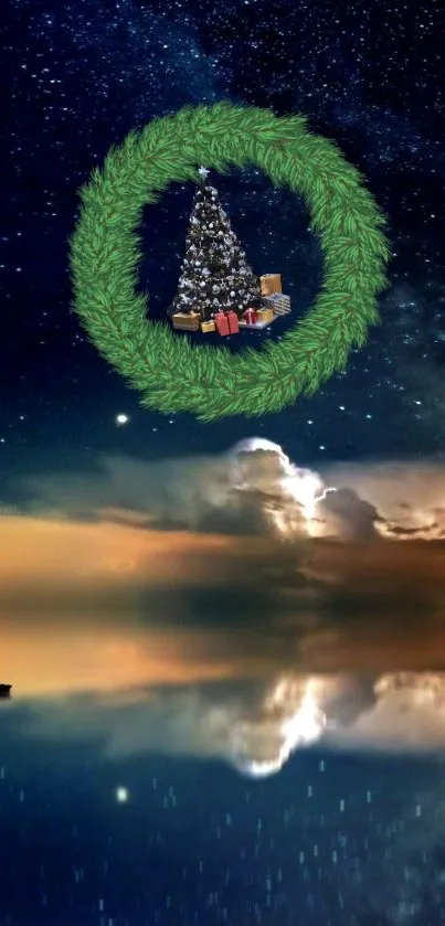 Phone wallpaper of sailboat under starry sky with Christmas wreath.