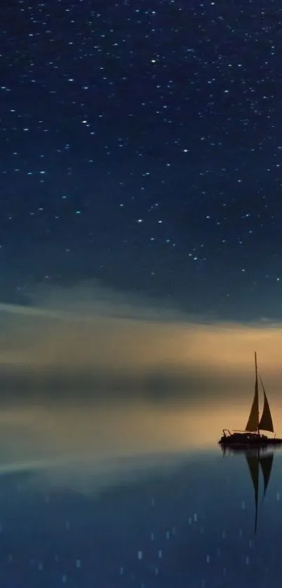 Sailboat under a starry night sky reflecting on calm waters.