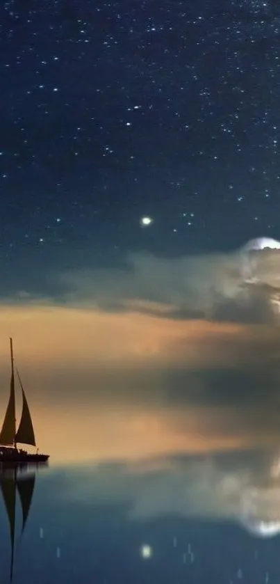 Sailboat on calm waters under a starry night sky.