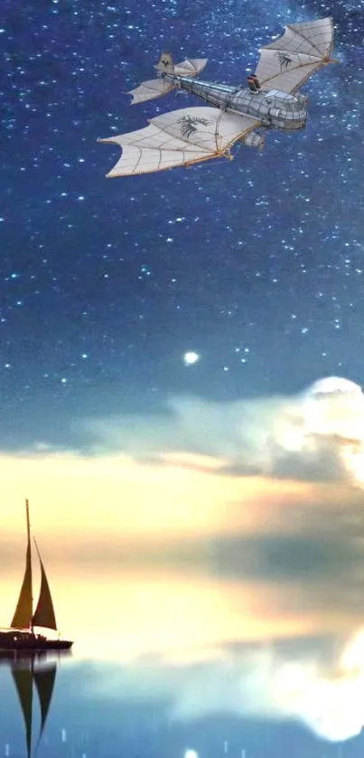 Sailboat under a starry sky with a flying machine.