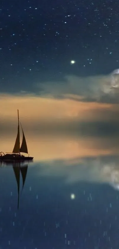 Sailboat reflected on calm sea under a starry night sky.