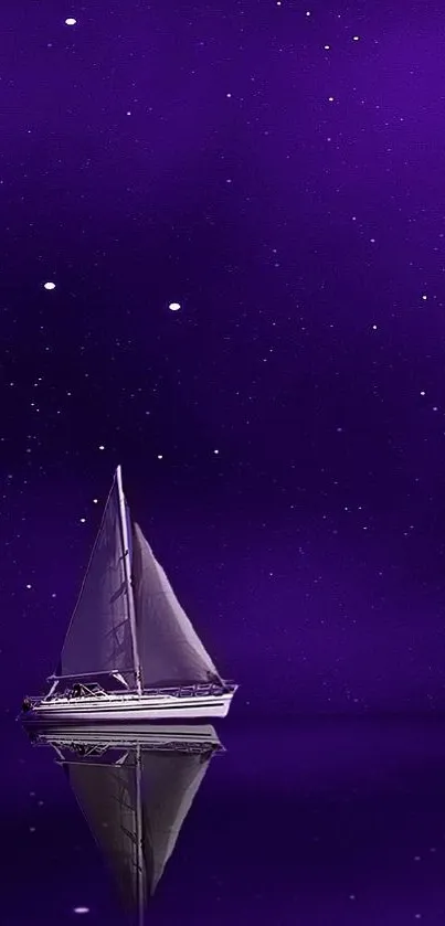 A sailboat glides under a starry purple sky.